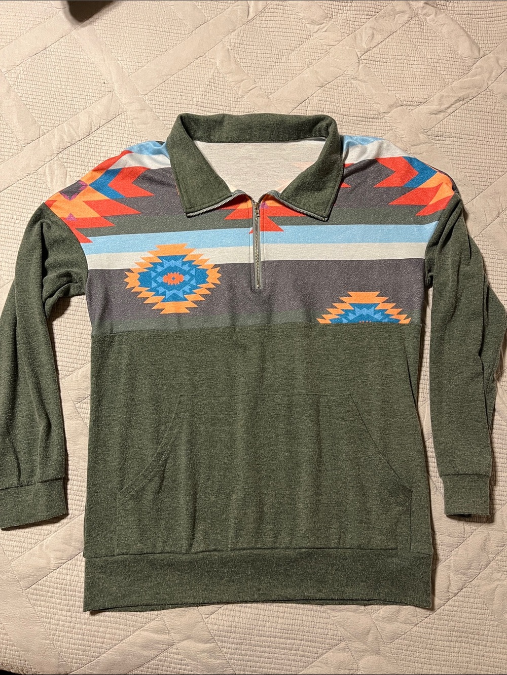 Southwestern Pattern Half-Zip Pullover in Olive Green